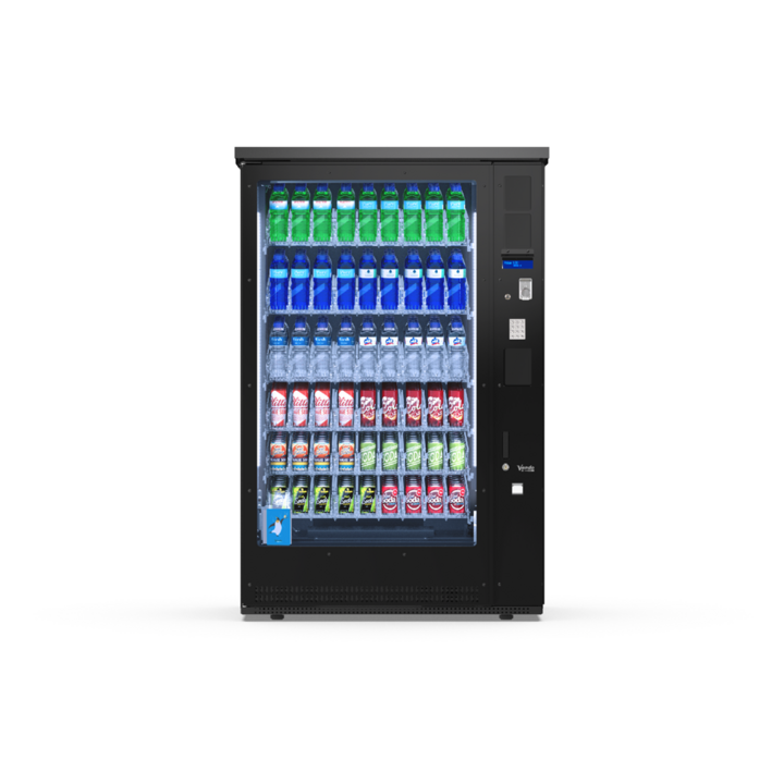 G-Drink Standard 9 Vertical Outdoor, Frontansicht: Getränkeautomat mit Glasfront für Dosen und Flaschen, wetterfest für den Außenbereich