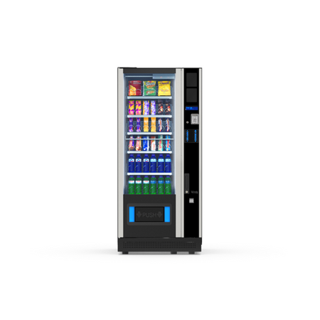 G-Snack Design Six (VI) Master, Frontansicht: Snackautomat mit Glasfront und Spiralfächern