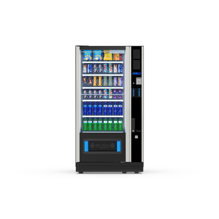 G-Snack Design Eight (VIII) Master, Frontansicht: Snackautomat mit Glasfront und Spiralfächern