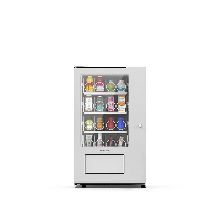 UnoCool Tabletop Slave, Frontansicht: Getränkeautomat mit Glasfront für Dosen und Flaschen