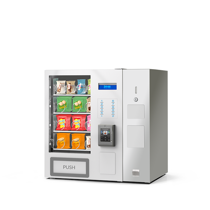 SnackUNO Tabletop, Frontansicht: Snackautomat mit Glasfront und Spiralfächern