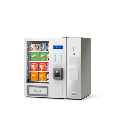 SnackUNO Tabletop, Frontansicht: Snackautomat mit Glasfront und Spiralfächern