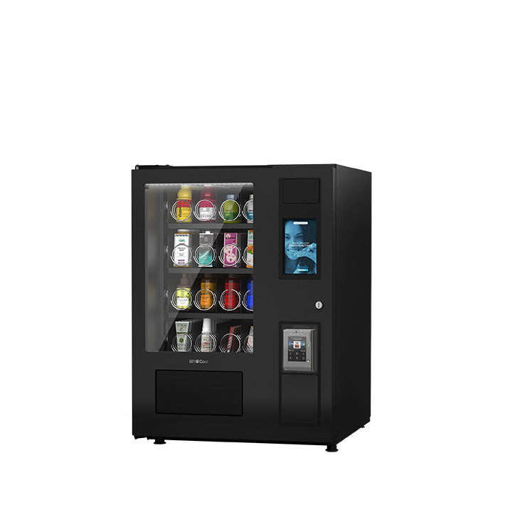 UnoCool Tabletop, Frontansicht: Getränkeautomat mit Glasfront für Dosen und Flaschen