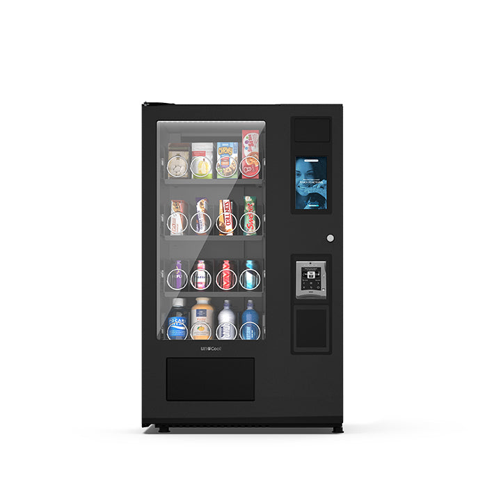 UnoCool+ Tabletop, Frontansicht: Getränkeautomat mit Glasfront für Dosen und Flaschen