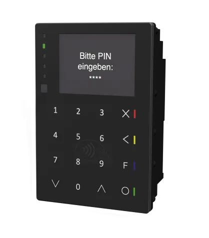 Kartenterminal cVEND touch von FEIG, Frontansicht mit Display und Touch-Zifferneingabe