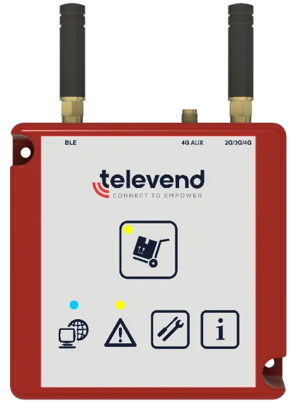 Telemetrie-Box von televend, rotes Gehäuse mit zwei Antennen und Status-Symbolen