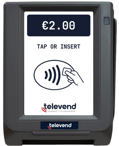 Kartenterminal TPAY300 von televend, Frontansicht mit Display und Kontaktlos-Feld