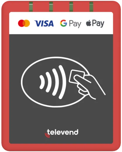 Kartenterminal TPAY200 von televend, Frontplatte mit Kontaktlos-Symbol und Kartenlogos