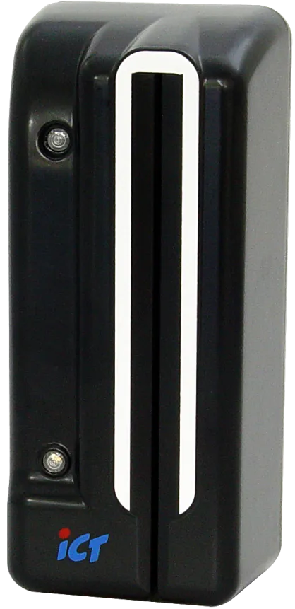 Dokumentenleser von ICT, schwarzes Gehäuse mit senkrechtem Ausweisschlitz und ICT-Logo