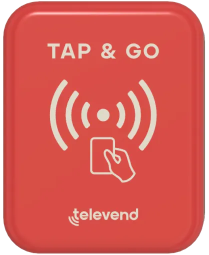 Kartenterminal TPAY100 von televend, rote Frontplatte mit Kontaktlos-Symbol und Aufschrift Tap and Go