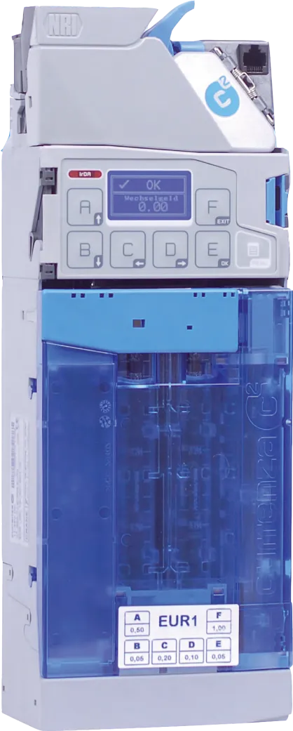 Münzwechsler Currenza C² Blue von Suzohapp, Frontansicht mit blauen Münztuben und Bedienfeld