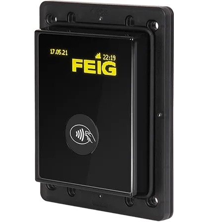 Kartenterminal cVEND box+ von FEIG, Frontansicht mit Kontaktlos-Feld und Montagerahmen