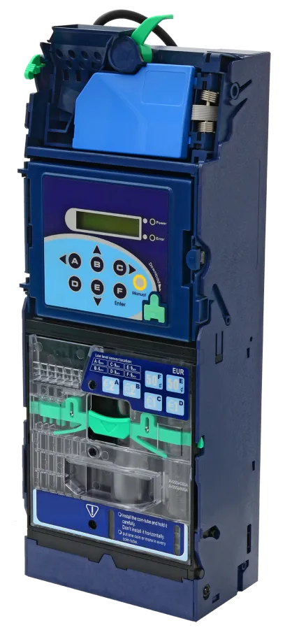 Münzwechsler CC6100 von ICT, Frontansicht mit Anzeige, Bedienfeld und Münztuben