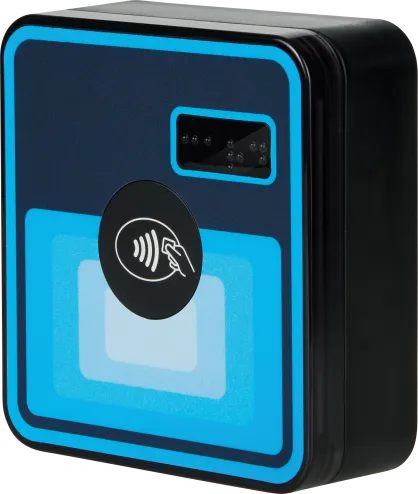 Kartenterminal cVEND compact von FEIG, Schrägansicht mit blau leuchtendem Kontaktlos-Feld