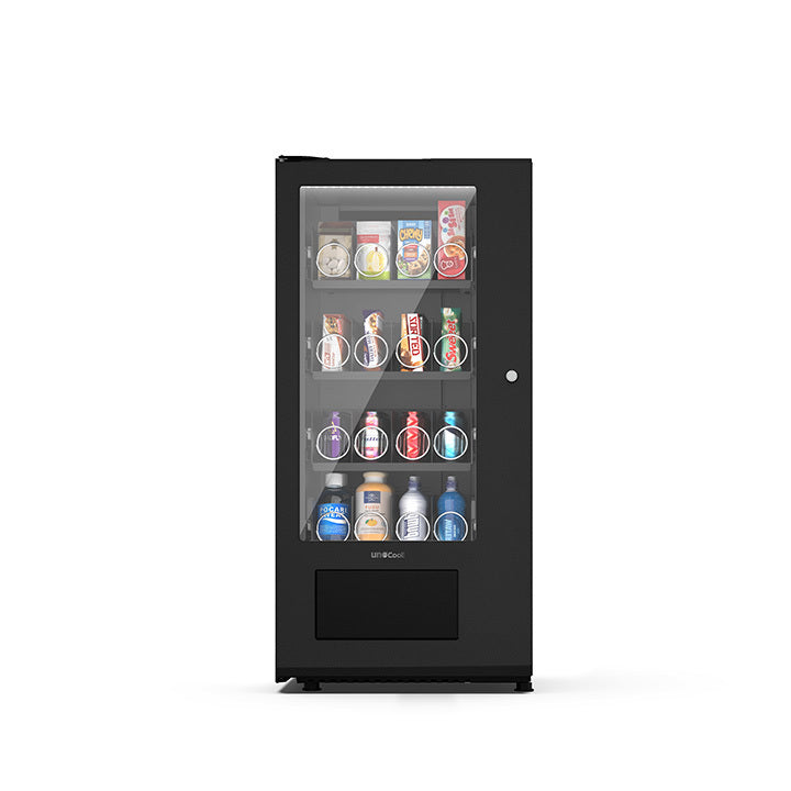 UnoCool+ Tabletop Slave, Frontansicht: Getränkeautomat mit Glasfront für Dosen und Flaschen